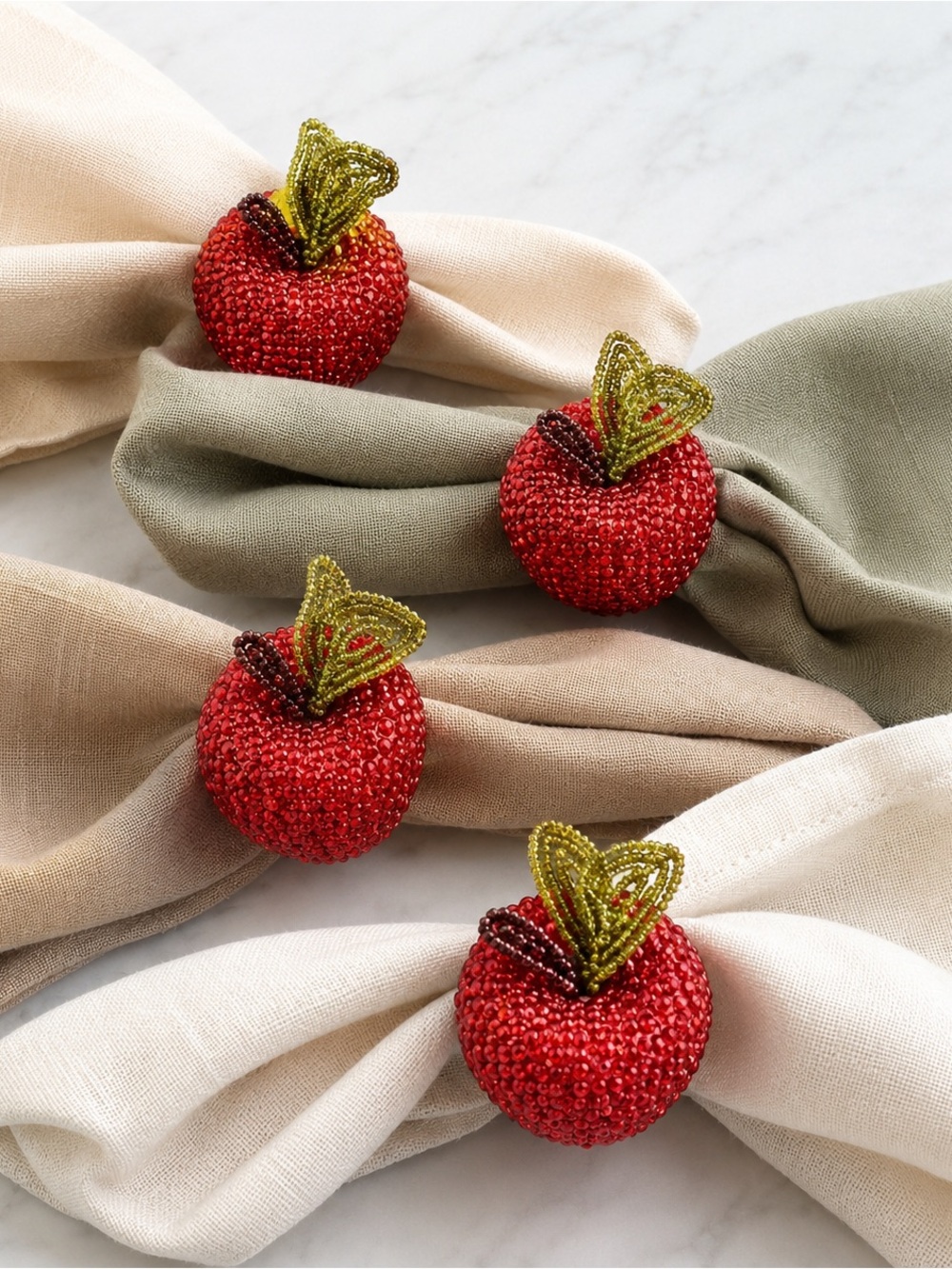 Set of 6 Bejeweled Apple Napkin Rings Kitchen Table Decor Beaded Summer Fall